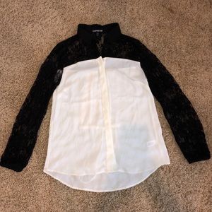 Express Black Lace Sleeve Button Down